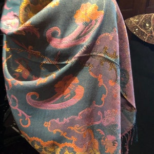 Golden Vintage Teal Purple Gold Metallic Paisley Brocade Pashmina Scarf Wrap
