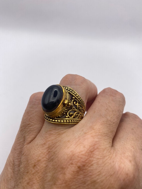Vintage Black Onyx Brass Poison Pillbox Ring - image 6