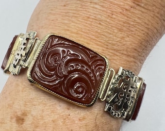 Vintage Carnelian Chinese calligraphy Silver lucky bracelet