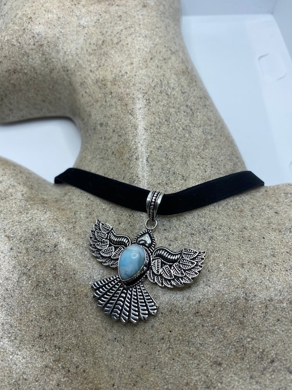 Vintage Blue Larimar Black Velvet Ribbon Choker N… - image 2