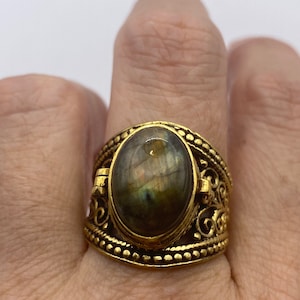 Vintage Labradorite Brass Poison Pillbox Ring