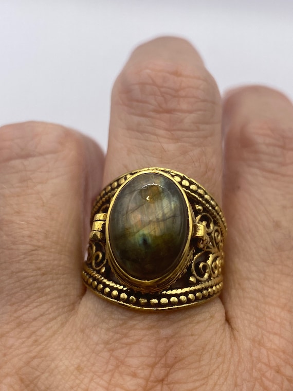 Vintage Labradorite Brass Poison Pillbox Ring - image 1