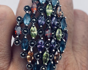 Vintage Genuine Swiss Marcasite Crystal Setting 925 Sterling Silver Cocktail Ring Size 6