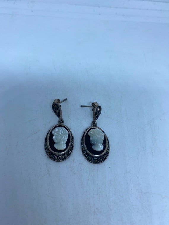 Vintage Black Onyx Cameo Earrings - image 2