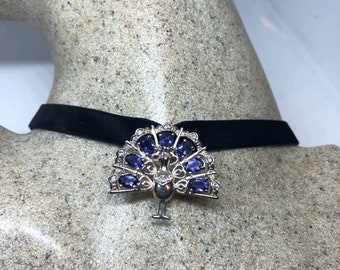 Vintage Blue Iolite Peacock Choker 925 Sterling Silver Necklace pin