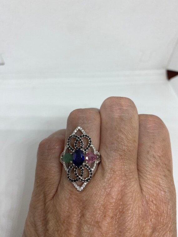 Vintage Green Emerald Ruby and Sapphire 925 Sterl… - image 5