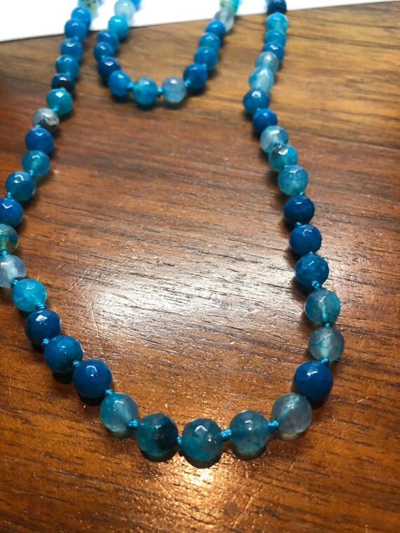 60 Inch Hand Knoted Vintage Blue Dyed Onyx beaded… - image 4