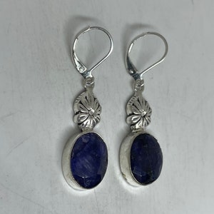 Boucles d'oreilles lustre vintage bleu saphir brut en argent sterling à dos levier image 3