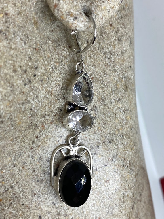 Vintage Black Onyx Earrings 925 Sterling Silver D… - image 1