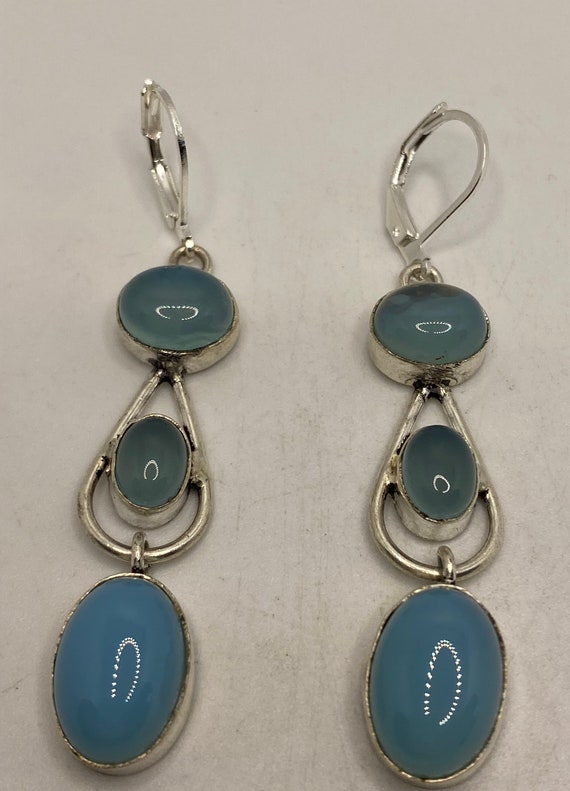 Vintage Blue Chalcedony Earrings Silver Dangle - image 1