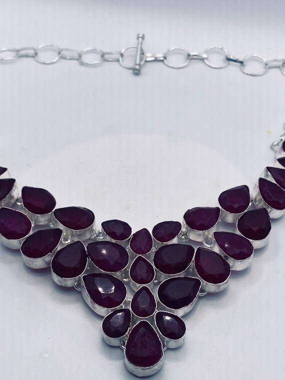 Vintage Red Carved Raw Ruby Choker Silver Collar … - image 2