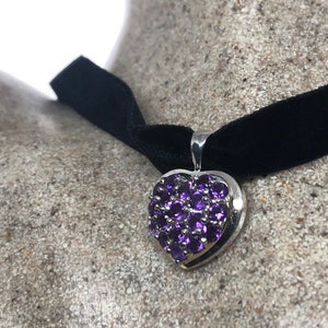 Vintage 925 Sterling Silver  Amethyst Heart Pendant Necklace