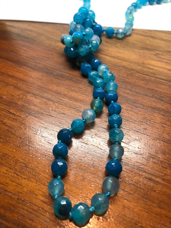 60 Inch Hand Knoted Vintage Blue Dyed Onyx beaded… - image 2