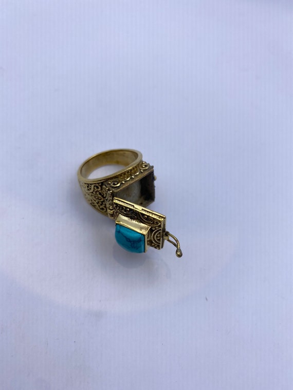 Vintage Turquoise Brass Poison Pillbox Ring - image 5