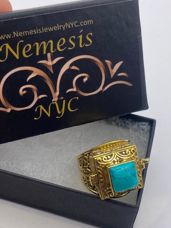 Vintage Turquoise Brass Poison Pillbox Ring - image 3