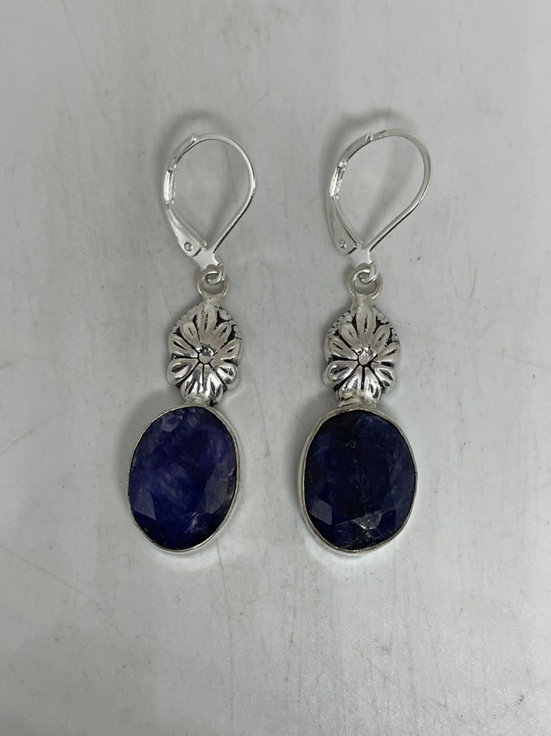 Boucles d'oreilles lustre vintage bleu saphir brut en argent sterling à dos levier image 4