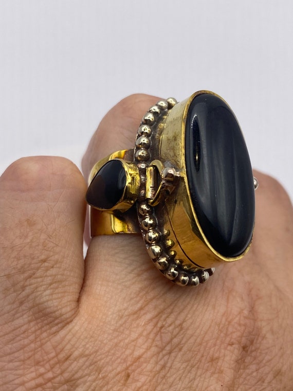 Vintage Black Onyx Brass Poison Pillbox Adjustabl… - image 2