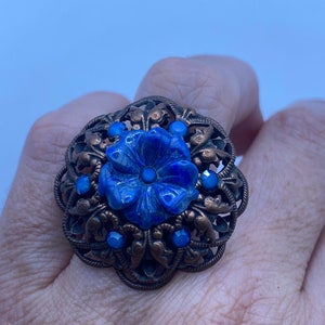 Vintage Lapis Lazuli Flower Stone copper Ring Adjustable