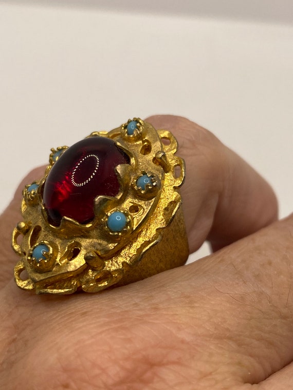 Vintage Red Ruby Glass Turquoise Golden Bronze Ri… - image 8