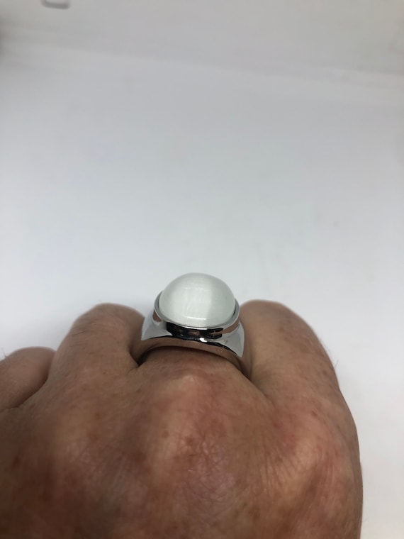 Vintage White Cats Eye Glass Mens Ring Stainless … - image 7