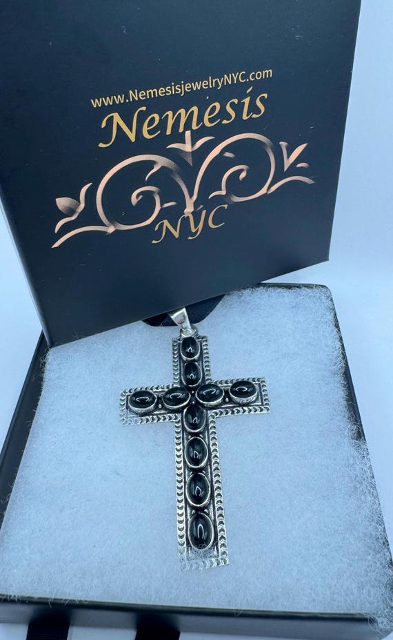 Vintage Black Onyx Cross Boho Choker Black Velvet Ribbon Pendant