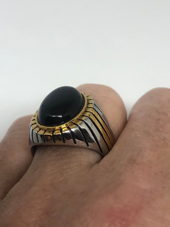 Vintage Gothic Black Onyx Gold Accent Stainless S… - image 2