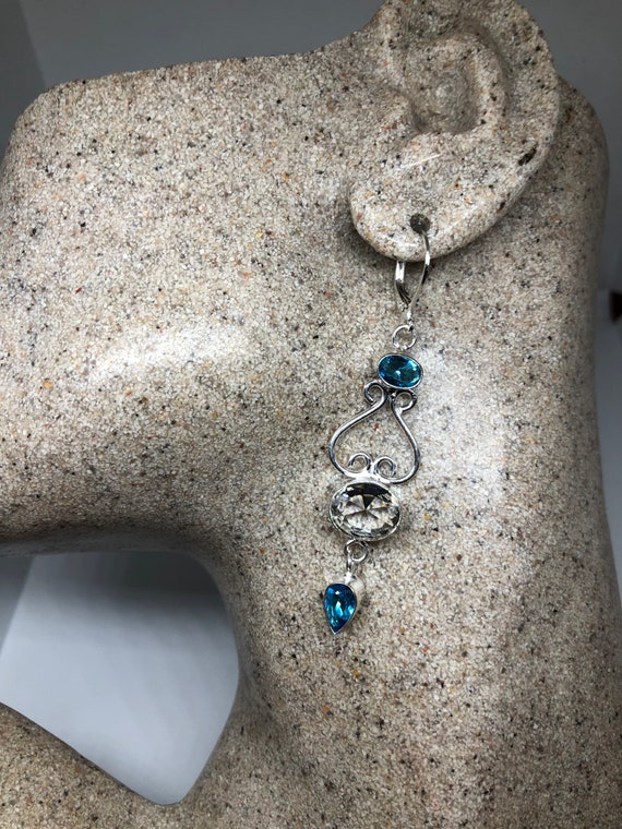 Vintage Silver Earrings | Blue and White Topaz Ge… - image 2