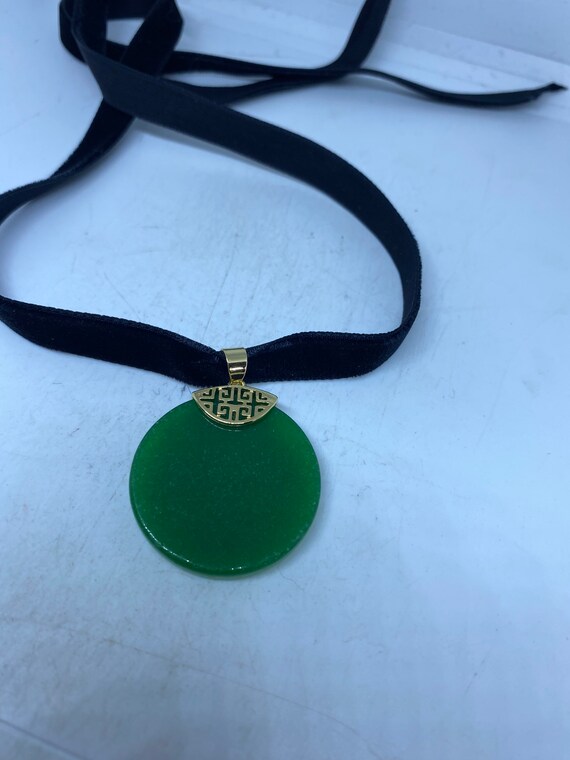 Vintage Green Jade Choker Gold Finish Necklace Pe… - image 6