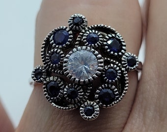 Vintage White Sapphire and Blue Sapphire Ring in 925 Sterling Silver