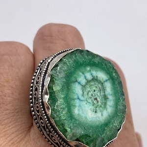 Vintage Green Agate Geode Silver Ring Size 8