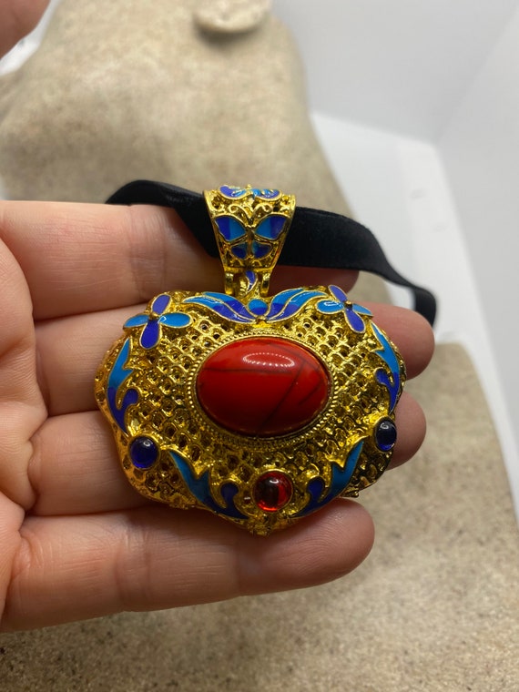 Vintage Cloisonné Choker Pendant Necklace Golden … - image 1