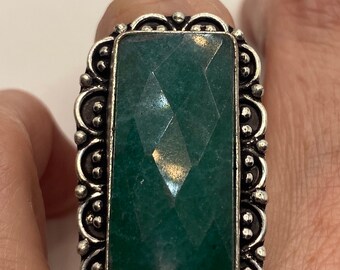 Vintage Raw Green Emerald White Bronze Silver Cocktail Ring Size 6.5