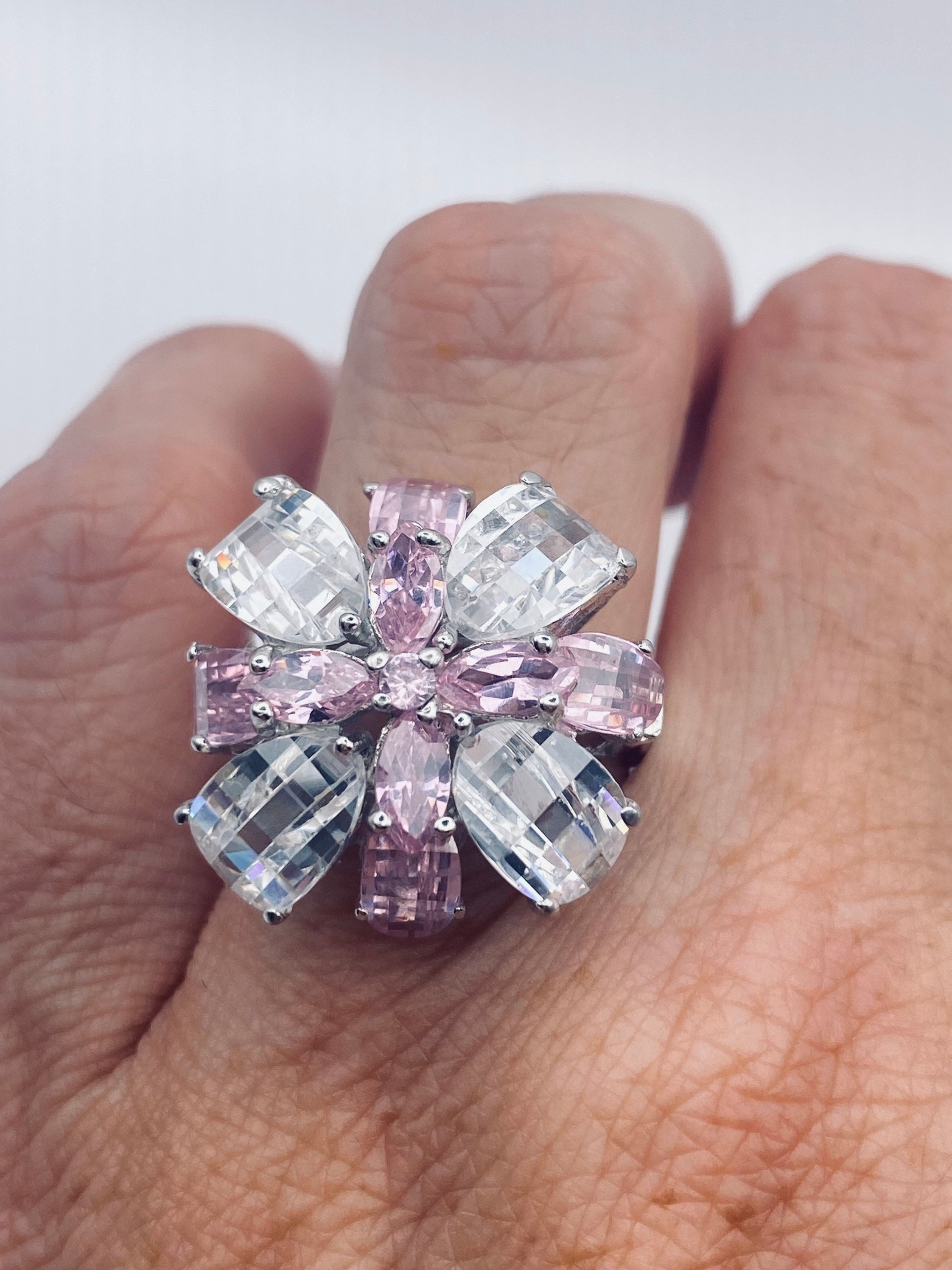 Vintage Pink Ice CZ Deco Ring 925 Sterling Silver Cocktail Etsy