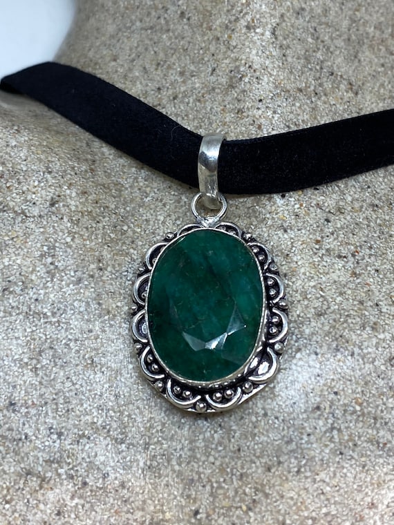 Vintage Green Raw Emerald Crystal Choker Pendant - image 1