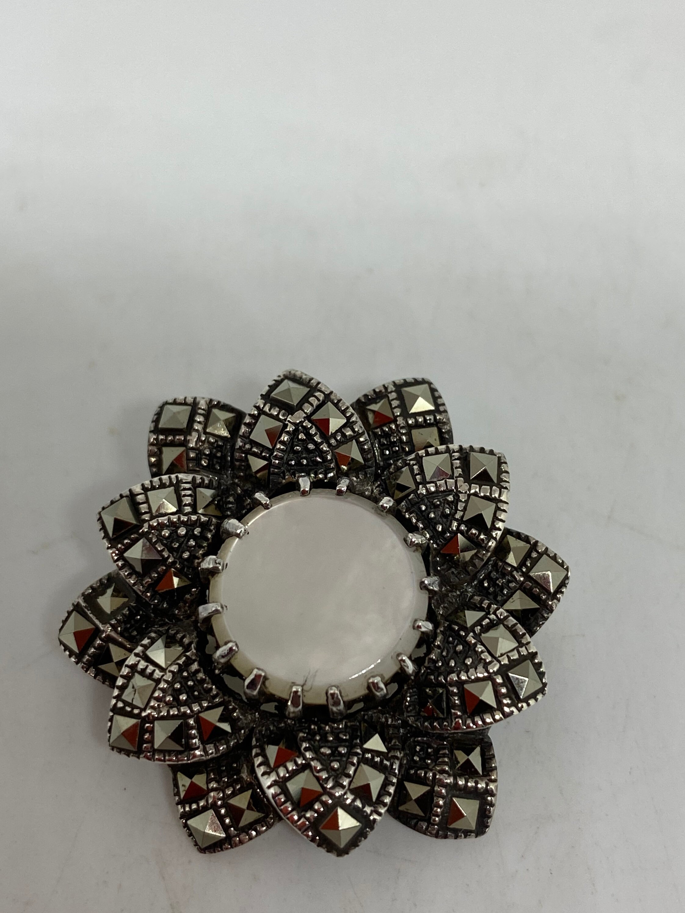 Vintage Mother of Pearl Pin Marcasite 925 Sterling Silver