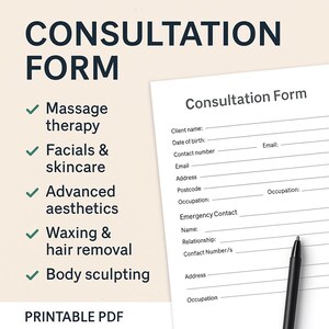 Könnte beinhalten: Ein druckbares PDF-Konsultationsformular mit dem Titel "CONSULTATION FORM" in großen, dunkelblauen Buchstaben. Das Formular enthält Abschnitte für Kundeninformationen und eine Liste von Dienstleistungen: Massagetherapie, Gesichtsbehandlungen & Hautpflege, fortschrittliche Ästhetik, Waxing & Haarentfernung und Bodyforming.