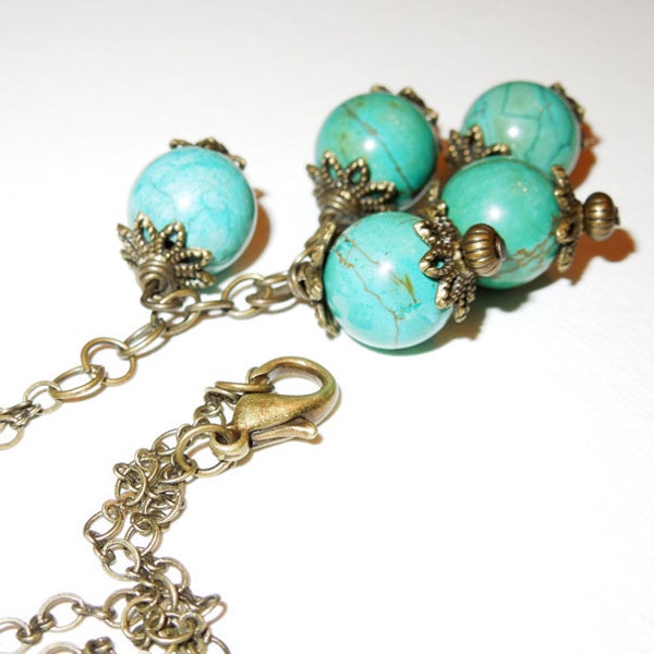 Vintage Inspired Chunky Turquoise Magnesite Necklace - cluster necklace, antique brass chain, extra long