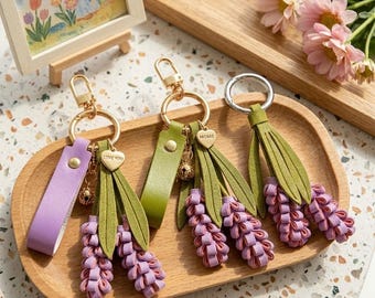 Leather Lavender Keychain, Purple Flower Bag Charm, Handmade Floral Key Ring, Cute Cottagecore Backpack Accessory, Mother's Day Gift for Her