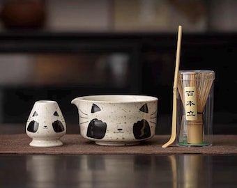 Hand-Painted Cat Matcha Bowl Set: Whisk, Tea Dial & Accessories