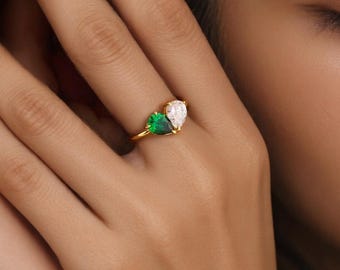 Custom Two Birthstone Ring: Gold, Silver, Rose Gold Dainty heart Minimalist Jewelry