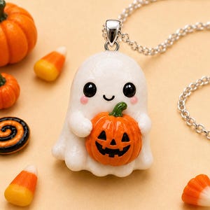 Cute Halloween Ghost Pumpkin Necklace, Kawaii Pumpkin Charm Pendant, Handmade Halloween Jewelry, Spooky Cute Gift for Her, Fall Necklace