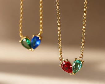 Custom Two Birthstone Heart Necklace, Personalized Couple Jewelry, Mother Daughter Gift