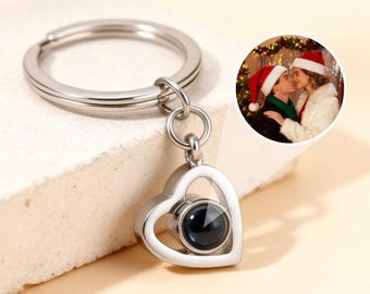 Portachiavi con proiezione fotografica a forma di cuore personalizzato, regalo di anniversario personalizzato, portachiavi per coppie