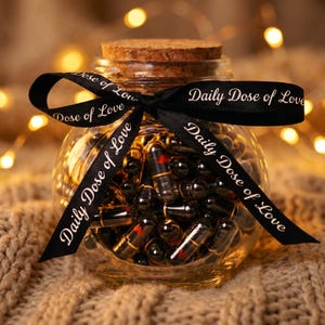 Könnte beinhalten: Ein klares Glasgefäß gefüllt mit schwarzen Kapseln, bedeckt mit einem Korkdeckel. Ein schwarzes Band mit dem Text "Daily Dose of Love" ist um das Gefäß gebunden. Der Hintergrund ist hell und unscharf.