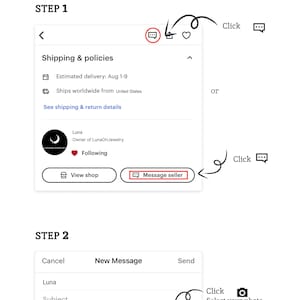 May include: A guide on how to send an image. Step 1 shows how to message a seller. Step 2 shows how to select a photo to send. The text includes "How to send image", "Message seller", and "Select your photo".
