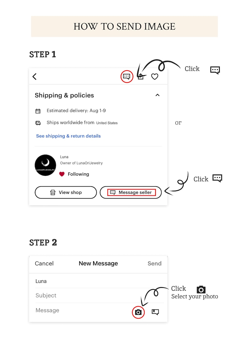 May include: A guide on how to send an image. Step 1 shows how to message a seller. Step 2 shows how to select a photo to send. The text includes "How to send image", "Message seller", and "Select your photo".