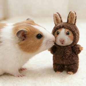 Pu&ograve; includere: Una cavia con pelo marrone e bianco tocca un peluche vestito con un costume da coniglietto marrone. Il peluche ha una faccia di cavia abbinata e braccia piccole. Lo sfondo &egrave; una superficie morbida e bianca.