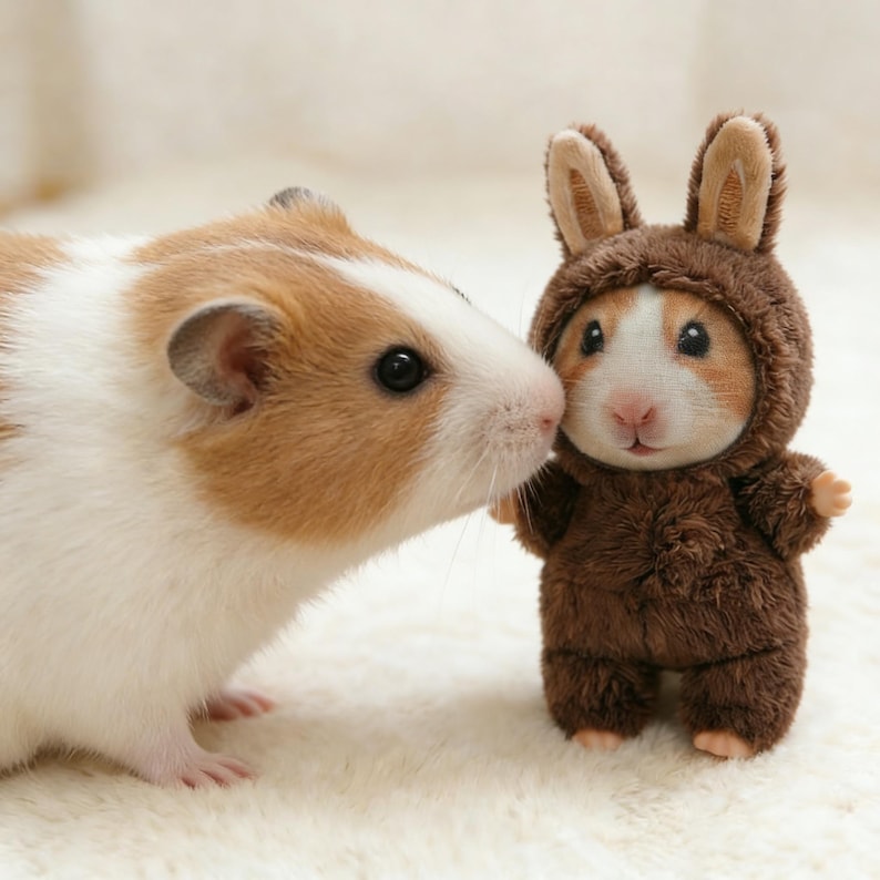 Pu&ograve; includere: Una cavia con pelo marrone e bianco tocca un peluche vestito con un costume da coniglietto marrone. Il peluche ha una faccia di cavia abbinata e braccia piccole. Lo sfondo &egrave; una superficie morbida e bianca.