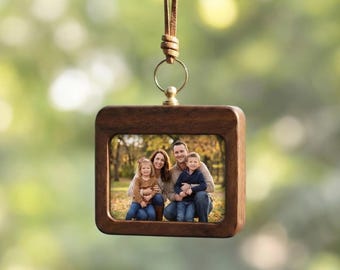 Personalized Photo Walnut Wood Car Hanger | Custom Picture Frame Rearview Mirror Ornament | Anniversary Gift for Couple, New Family