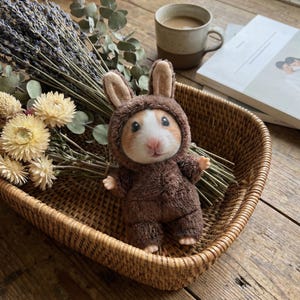 Pu&ograve; includere: Un piccolo criceto con un costume da coniglietto marrone con orecchie flosce. Il criceto &egrave; in un cestino di vimini con fiori secchi e una tazza di caff&egrave;. Il criceto ha la faccia bianca e la pelliccia marrone.